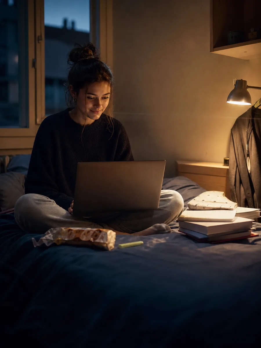 Étudiante travaillant sur un ordinateur portable dans une chambre étudiante, lampe allumée
