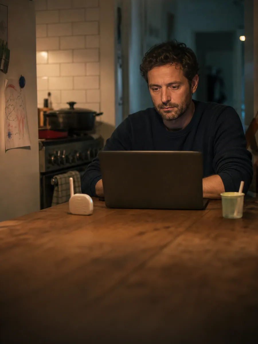Père de famille concentré sur son ordinateur dans une cuisine le soir, enfant endormi hors champ