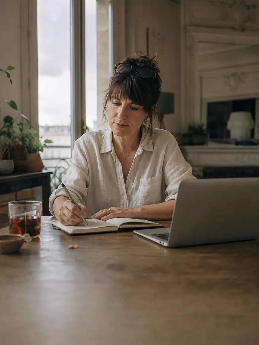Femme d'une quarantaine d'années prenant des notes devant un ordinateur, salon lumineux