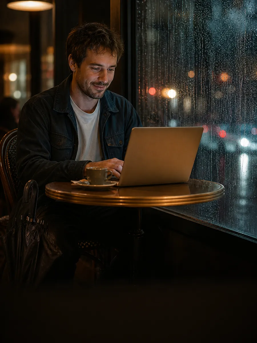 Homme travaillant sur un ordinateur portable à une table de café près de la fenêtre