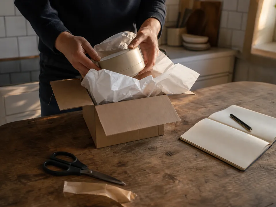 Colis ouvert sur une table de cuisine avec un carnet de notes
