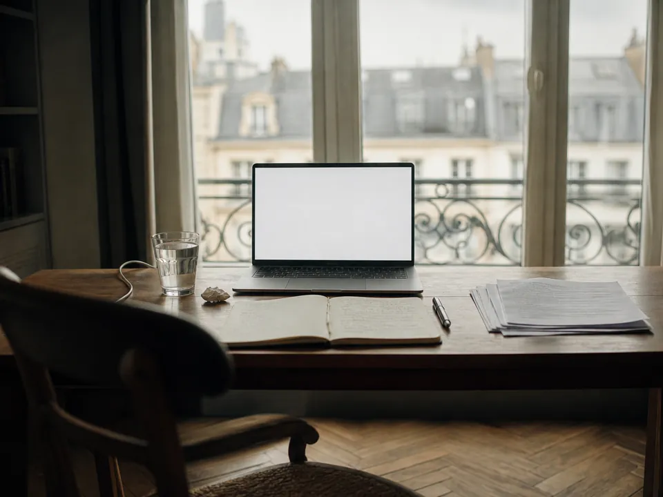 Bureau avec ordinateur, carnet et stylo, lumière du matin