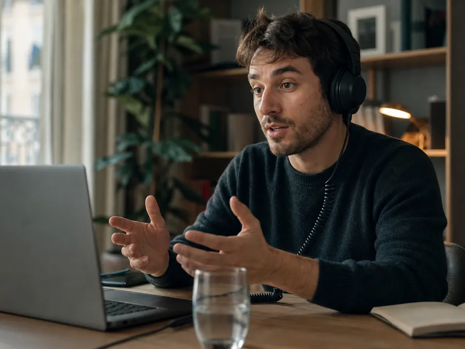 Personne devant une webcam sur un ordinateur portable, casque posé à côté